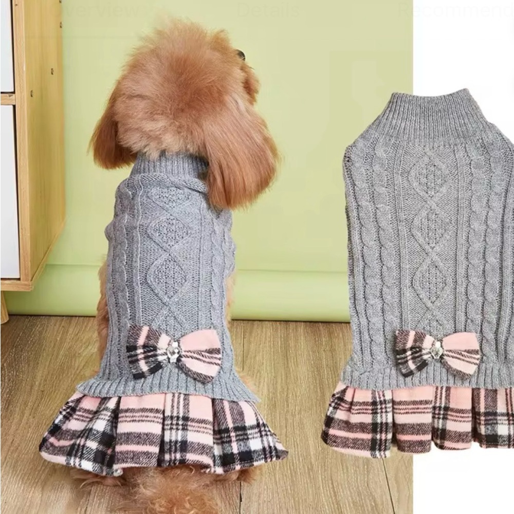 Gray Cable Knit Dog Sweater with Pink Plaid Skirt
